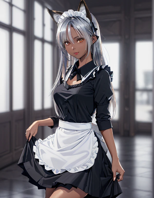 (8k, Realistic, RAW Photos, Highest quality: 1.3), (Fox Girl, Fox Ears, One Girl, Long Hair, Alone on the screen, dark skin, High definition, (boyish, Silver color very long hair), high resolution:1.4), とてもbeautiful, (Realistic Face), (maid apron, Black and white clothes, skirt:1.5), (Body measurements are 75-60-75!, Young girl body, Small breasts, skirt hold, slender:1.6), A brilliance that captivates the viewer, beautiful expression, beautiful breasts, (Realistic Skin), beautiful...