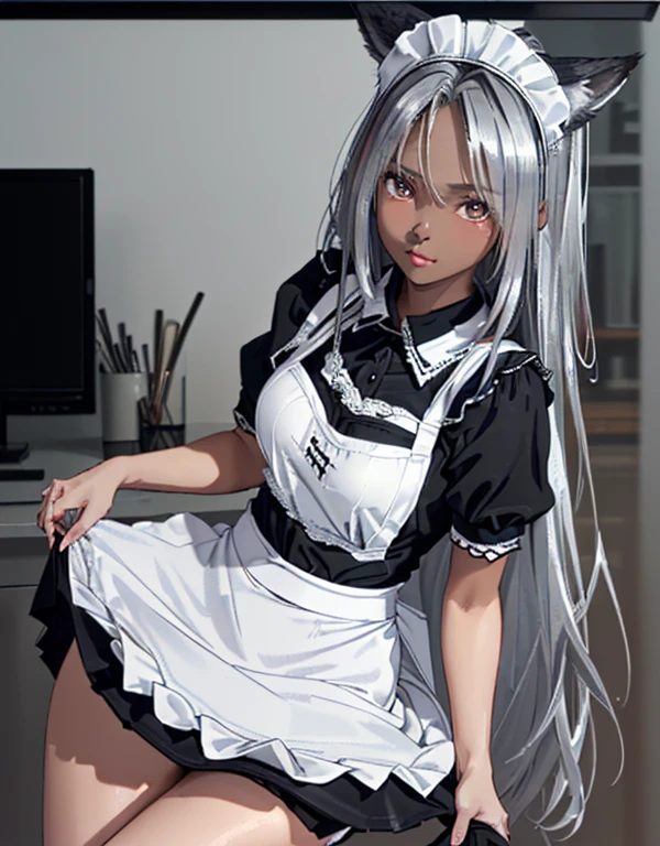 (8k, Realistic, RAW Photos, Highest quality: 1.3), (Fox Girl, Fox Ears, One Girl, Long Hair, Alone on the screen, dark skin, High definition, (boyish, Silver color very long hair), high resolution:1.6), とてもbeautiful, (Realistic Face), (maid apron, Black and white clothes, skirt:1.6), (Body measurements are 75-60-75!, Young girl body, Small breasts, skirt hold, slender, muscle:1.9), A brilliance that captivates the viewer, beautiful expression, beautiful breasts, (Realistic Skin), beautiful..., bent over