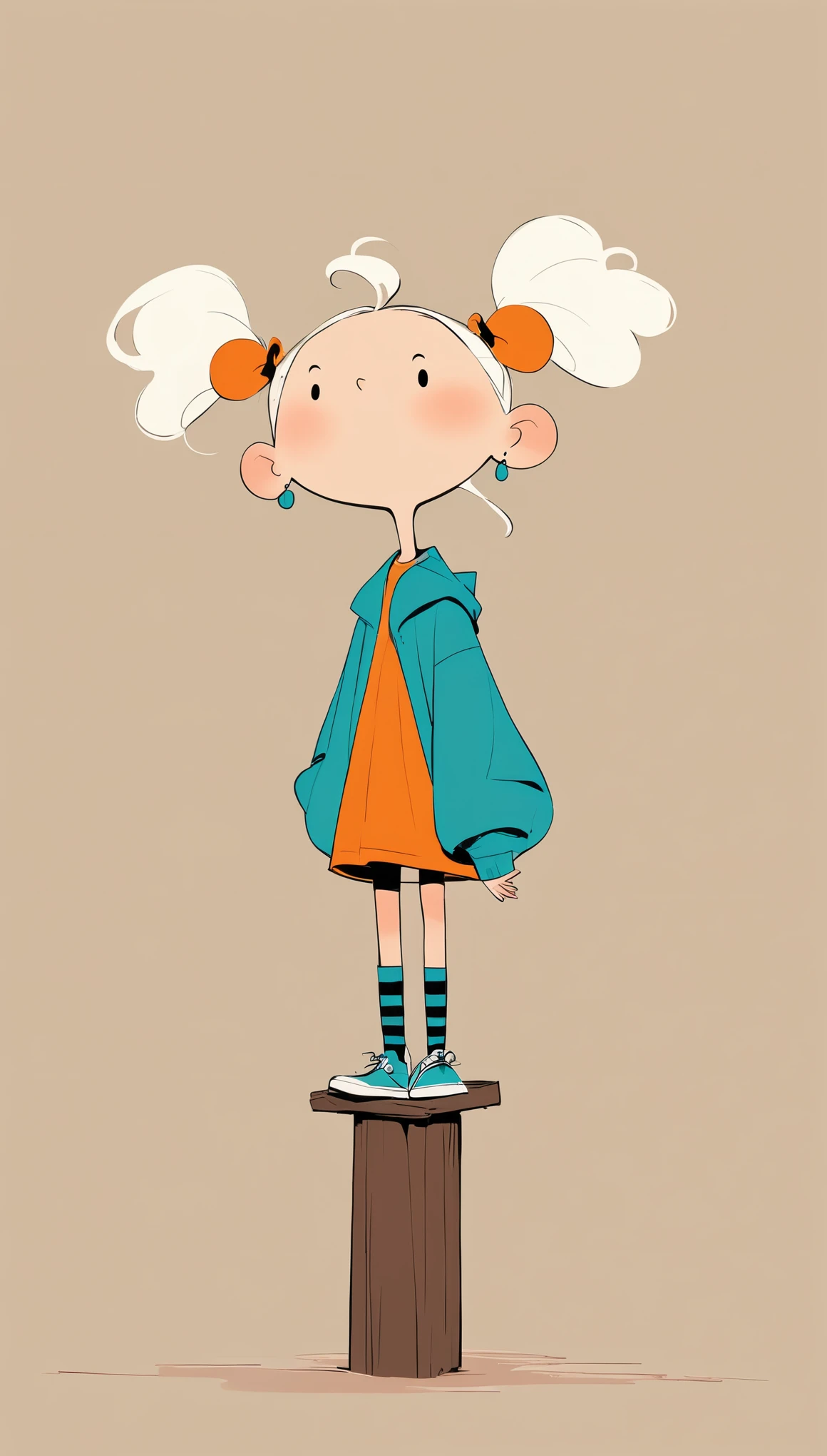 Ewa Poklewska-Koziełło in style of Mike Azevedo,Cartoon graffiti , standing on a wooden stake looking into the distance,White Cloud,Fear of heights,whole body, Solid color background