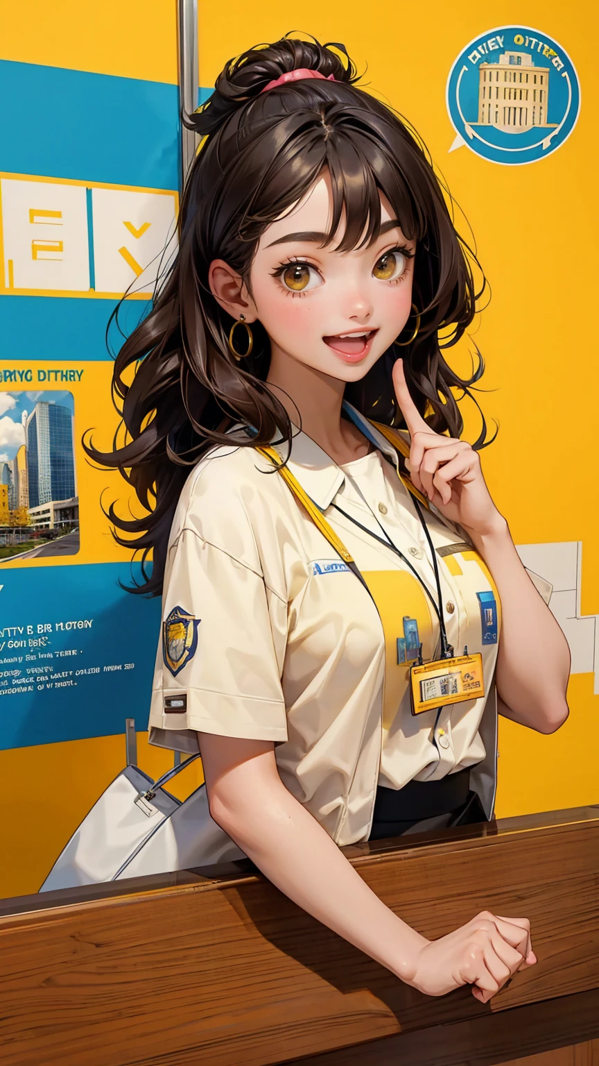 a cute girl with smile, City hall, standing at reception desk, with big open mouth happy face, receptionist holding up his driver's license city hall text on wall, yellow color city hall background,