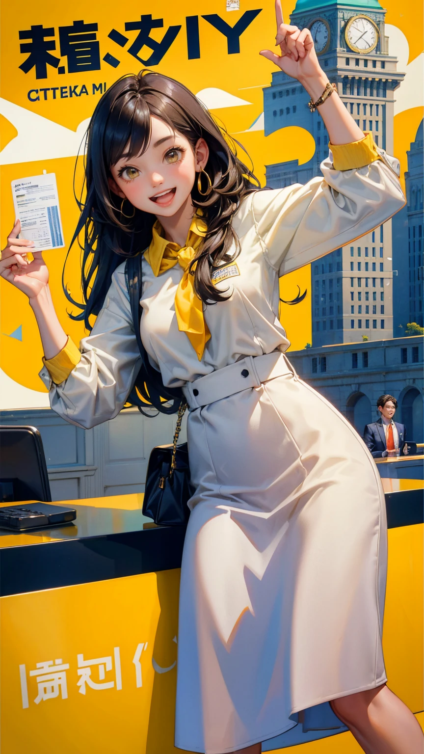 a cute girl with smile, City hall, standing at reception desk, with big open mouth happy face, receptionist holding up his driver's license city hall text on wall, yellow color city hall background,