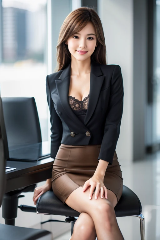 whole body, Highest quality, Realistic, Very detailed, finely, High resolution, 8k wallpaper, One beautiful woman,, Light brown messy hair, Wear a business suit, Sharp focus, Perfect dynamic composition, Beautiful and detailed, Thin Hair, Detailed Realistic skin texture, smile, Close-up portrait, Model body type,Cleavage、筋肉質で長くBeautiful feet、Beautiful legs、Super mini tight skirt、Sit on a chair、thin black pantyhose、I can see the toes of her high heels、Perfect Style、Perfect Legs、Long, muscular legs、Beautiful feet、healthy and long legs、Poses that accentuate the legs、Beautiful toned ankles、Sexy Legs、