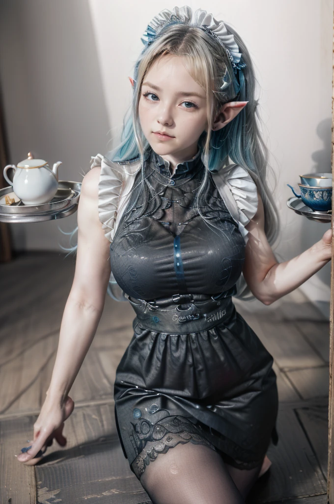 (masterpiece, Highest quality), (Anatomically correct,Accurate drawing,), Female Elf, Maid, Blue Hair, blue eyes, A look of contempt, Smile, (A tray with a pot and teacups), Maid clothes, big , (She has no underwear), Hairy pubic hair, White Background, Cowboy Shot,、nsfw