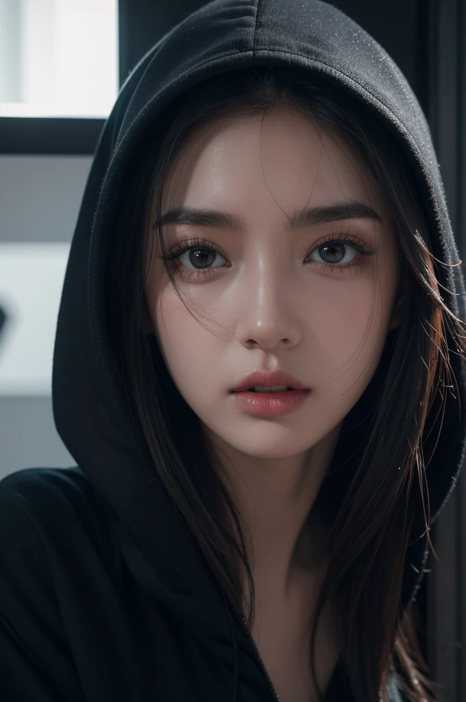 a young influencer girl,beautiful detailed eyes,beautiful detailed lips,extremely detailed face,long eyelashes,oversize black hoodie,recording story time,how she met her boyfriend,cinematic lighting,moody color grading,highly detailed,photorealistic,8k