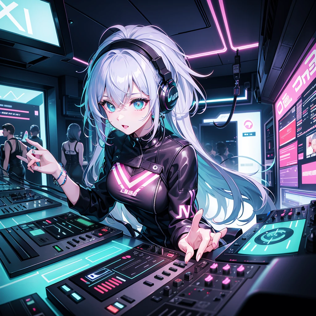 The woman playing dj in the club, neon light