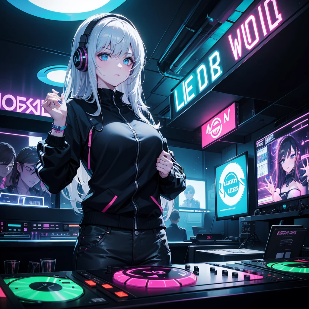 The woman playing dj in the club, neon light