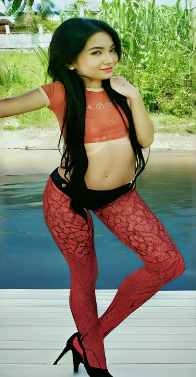 there is a tween girl posing on a dock with a red top, fish net leggings, body with black and red lava, red lace, tights skin, leggins, coral red, red and black, view from the back, red waist-long hair, black and red, lara croft as spiderwoman, covered in coral, waist - shot, ( ( spiderwoman ) )