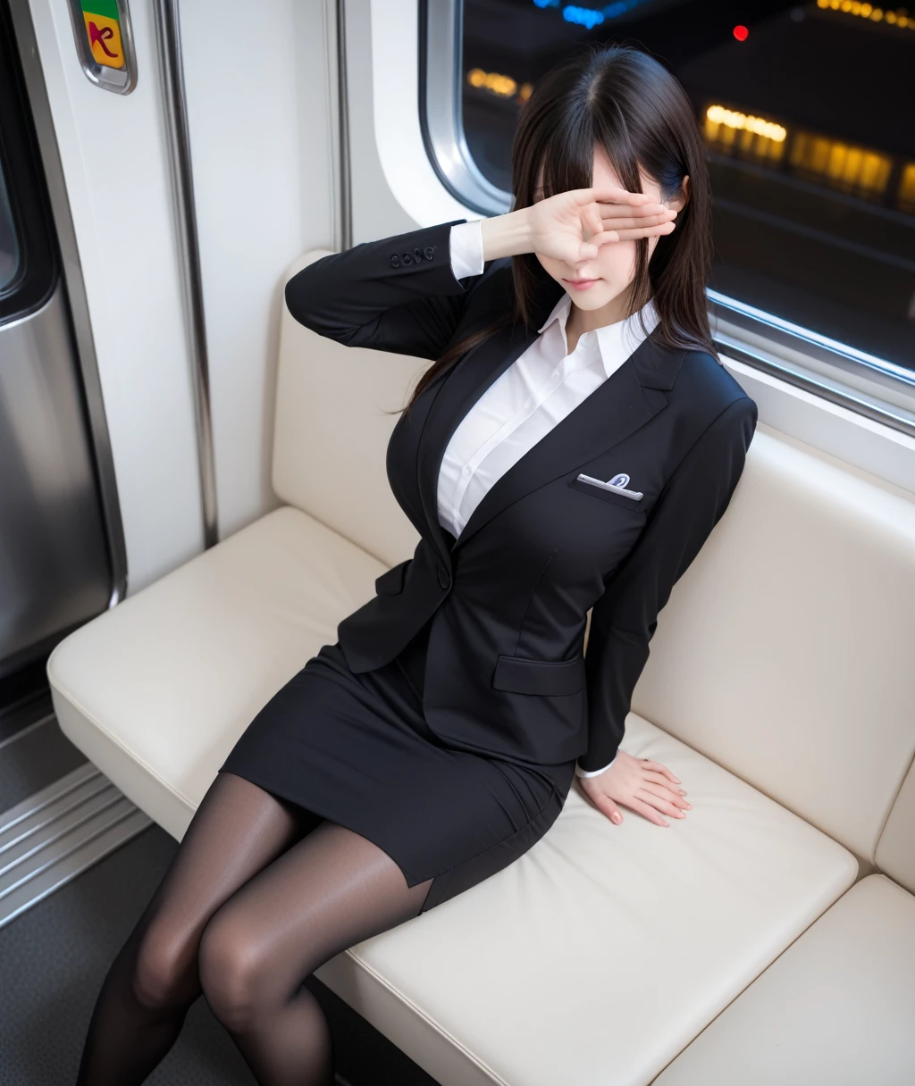 score_9, score_8_up, score_7_up, uncensored, realistic, in train, tokyo, (at night:1.2), from above,
1girl, cute, japanese, black hair, long hair, bangs, covering eyes, closed mouth, (gigantic breasts), 
(business suit:1.2), office_uniform, (black suit:1.3), white shirt, pencilskirt, pantyhose, 
sitting on train long seat,  