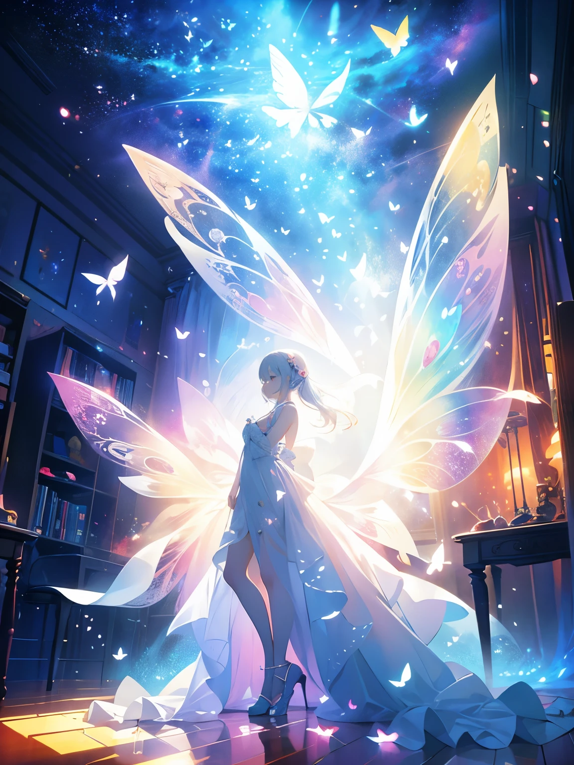 Dreamy ethereal art style, Surreal atmosphere, Vivid highly saturated colors, Captivating lighting, Best quality, butterfly dance, The background is the mysterious world of space, Space Fantasy, Minimalist Geometry, A cute little fairy, 