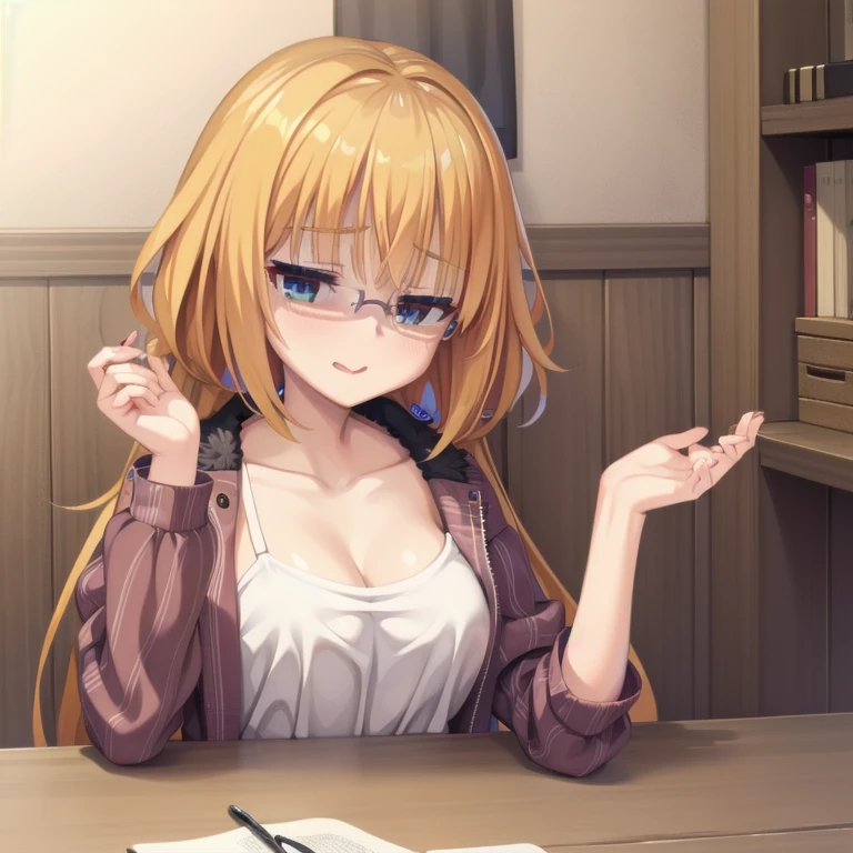 (Tabletop:1.0), (highest quality:1.4), (High resolution:1.2), From the side,Sharp contours,  boyish, highest quality, masterpiece,Glasses,Voice of the Heart,20-year-old woman,yandere,Big Breasts,Chest to chest,Lying face down,Upper Body,Ecstasy,blush,Squint your eyes,Tuck up your clothes,lure