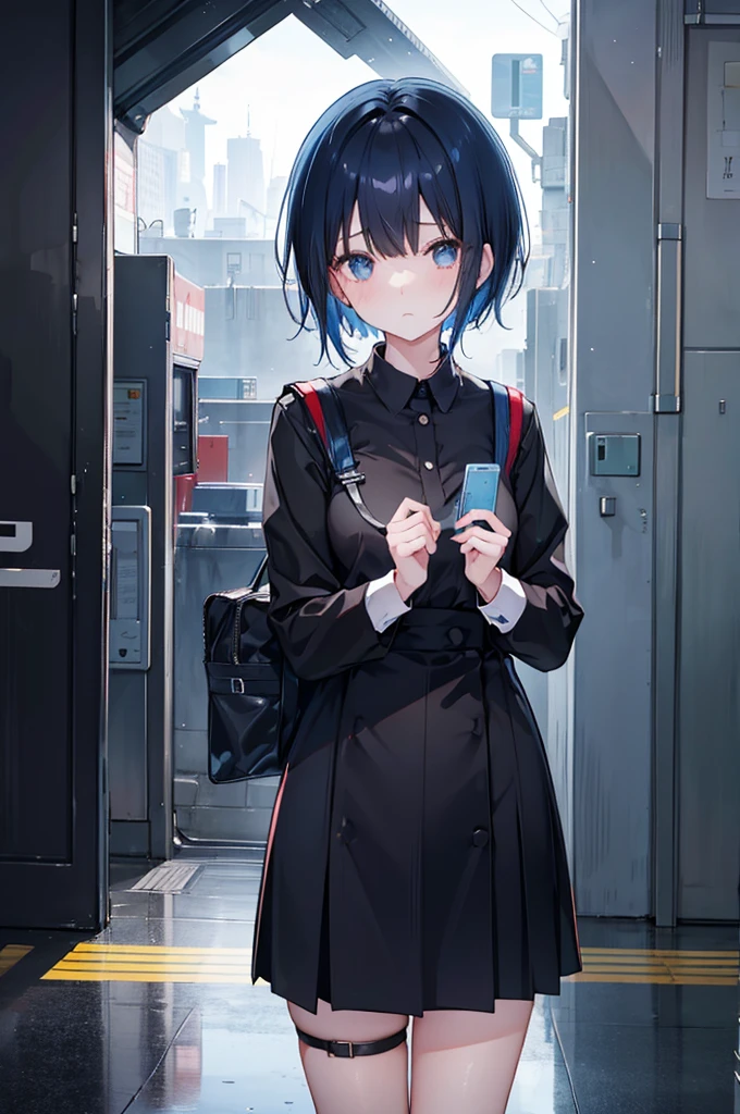 A girl wearing a black station attendant uniform。She has short blue hair and a shy face.。