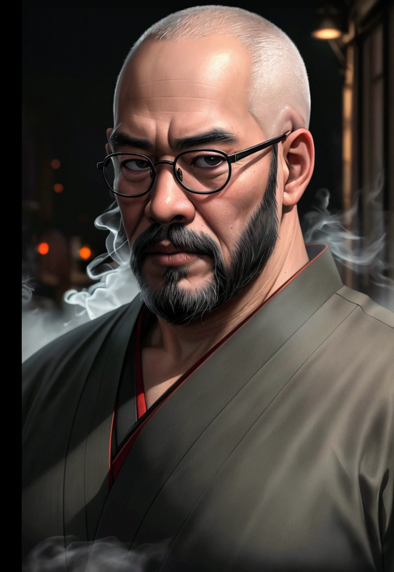 (Highest quality,4K,8k,High resolution,masterpiece:1.2),Very detailed,(Realistic,photoRealistic,photo-Realistic:1.37),anime,Skinhead,round face,Round Glasses,Middle-aged Asian man,White Beard,Black Hakama,black eye,Grainy cityscape,Dark Alley,Mysterious Shadow,Spectacular Background,Smoke effect,Vibrant colors,Concept Artist,Moody lighting,superpower