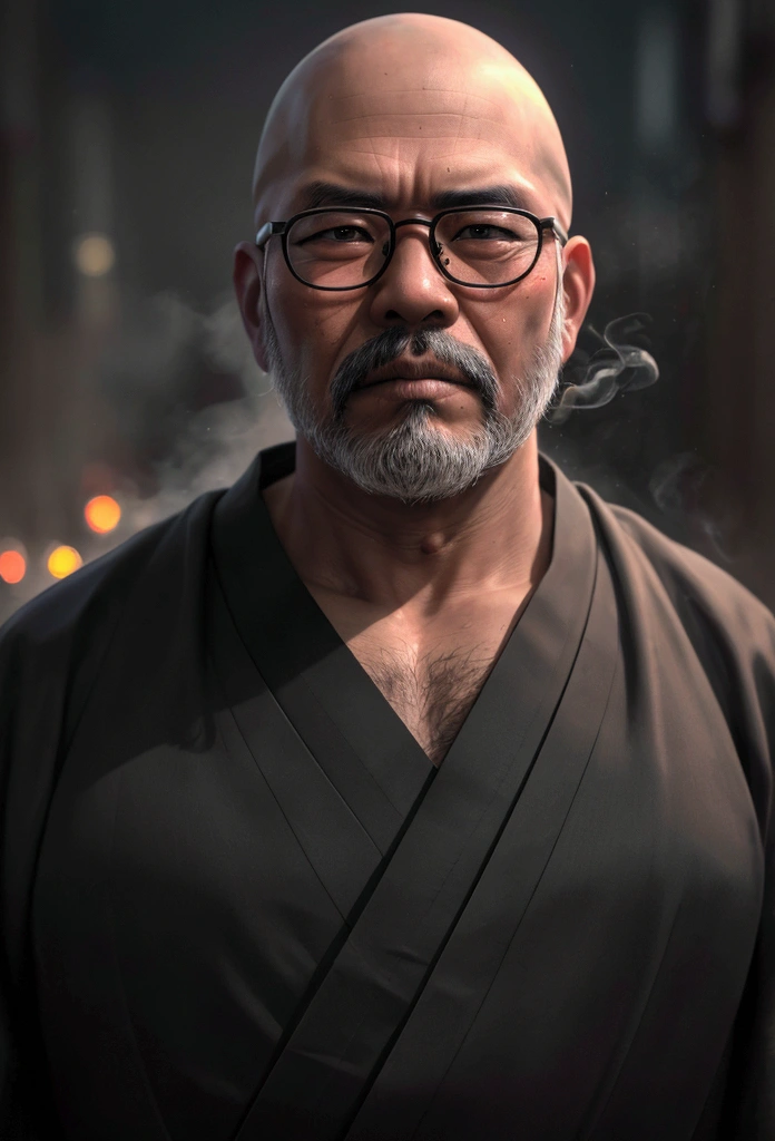 (Highest quality,4K,8k,High resolution,masterpiece:1.2),Very detailed,(Realistic,photoRealistic,photo-Realistic:1.37),anime,Skinhead,round face,Round Glasses,Middle-aged Asian man,White Beard,Black Hakama,black eye,Grainy cityscape,Dark Alley,Mysterious Shadow,Spectacular Background,Smoke effect,Vibrant colors,Concept Artist,Moody lighting,superpower