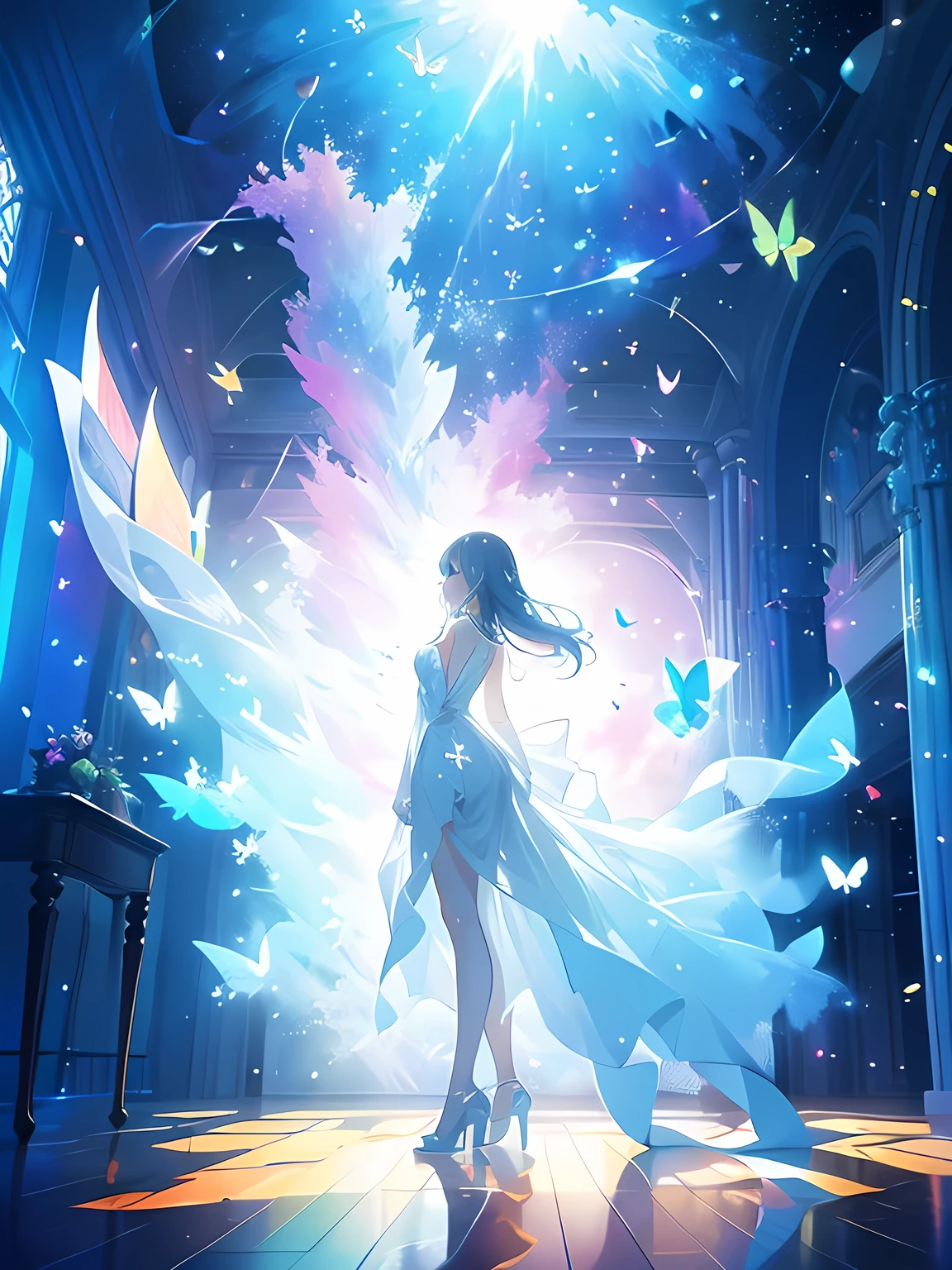 Dreamy ethereal art style, Surreal atmosphere, Vivid highly saturated colors, Captivating lighting, Best quality, butterfly dance, The background is the mysterious world of space, Space Fantasy, Minimalist Geometry, Paper Woman,
