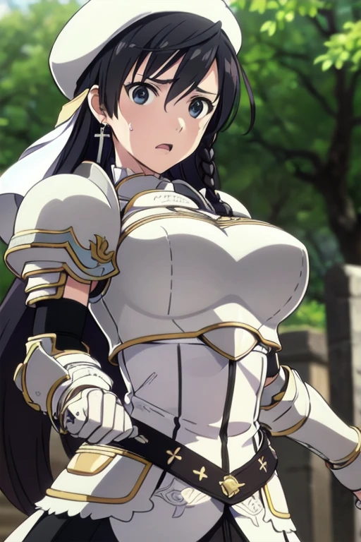 Sonia Blanche, cross earrings, hair ornament, veil, armored dress, pauldrons, breastplate, gauntlets, belt, skirt, greaves, (white beret), 1girl, solo, upper body, big breasts, facing viewer, looking at viewer, shocked facial expression, (shocked eyes), sweat, close-up, blurry background, outdoors