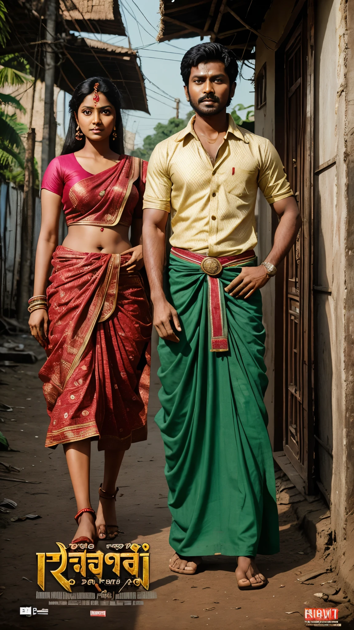 Bangla Movie poster, Movie Title: Ranneti, Hero Dev and Rukmini, village sence.Hero cloth lungi.