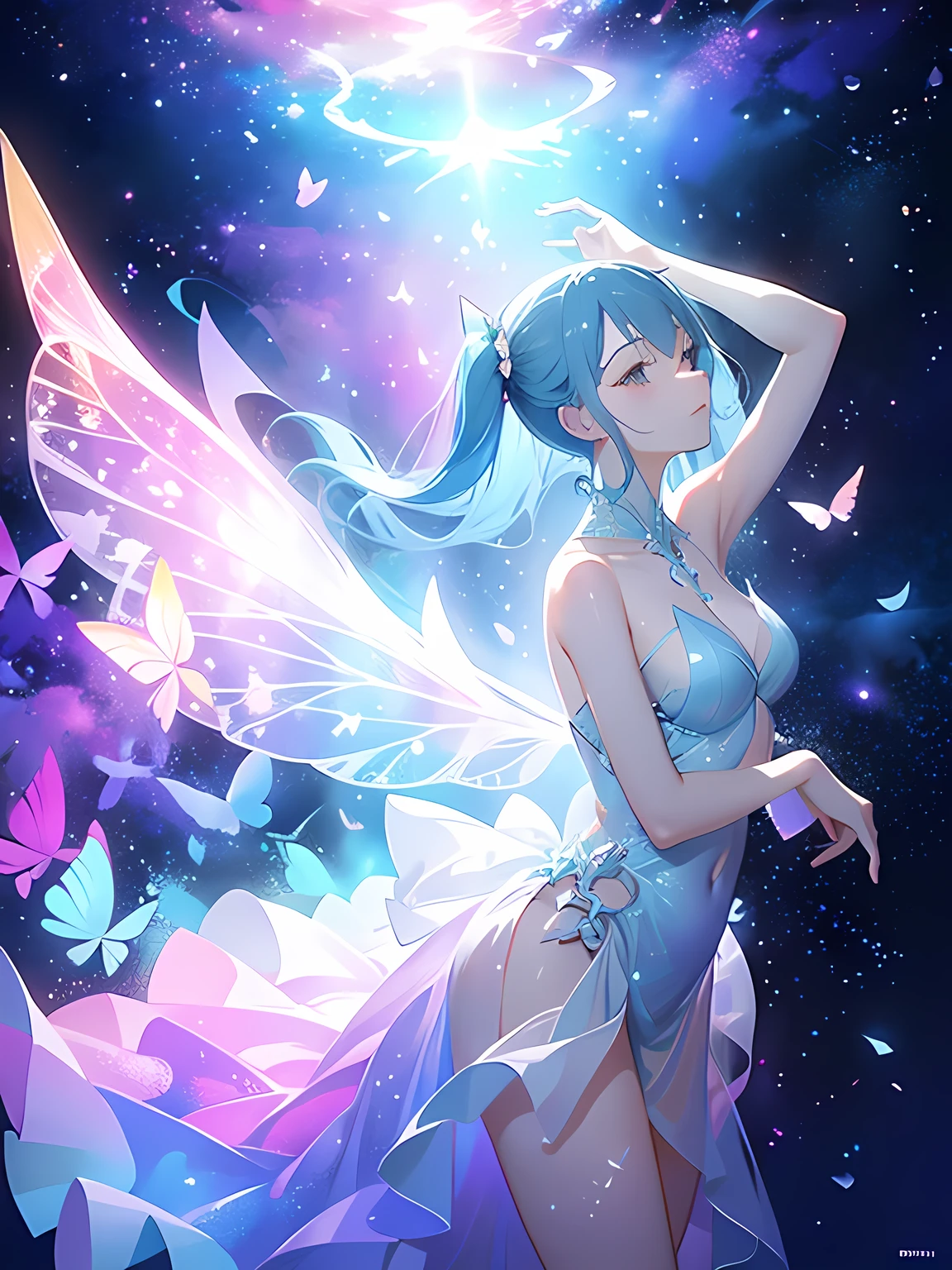 Dreamy ethereal art style, Surreal atmosphere, Vivid highly saturated colors, Captivating lighting, Best quality, butterfly dance, The background is the mysterious world of space, Space Fantasy, Minimalist Geometry, Paper Woman,