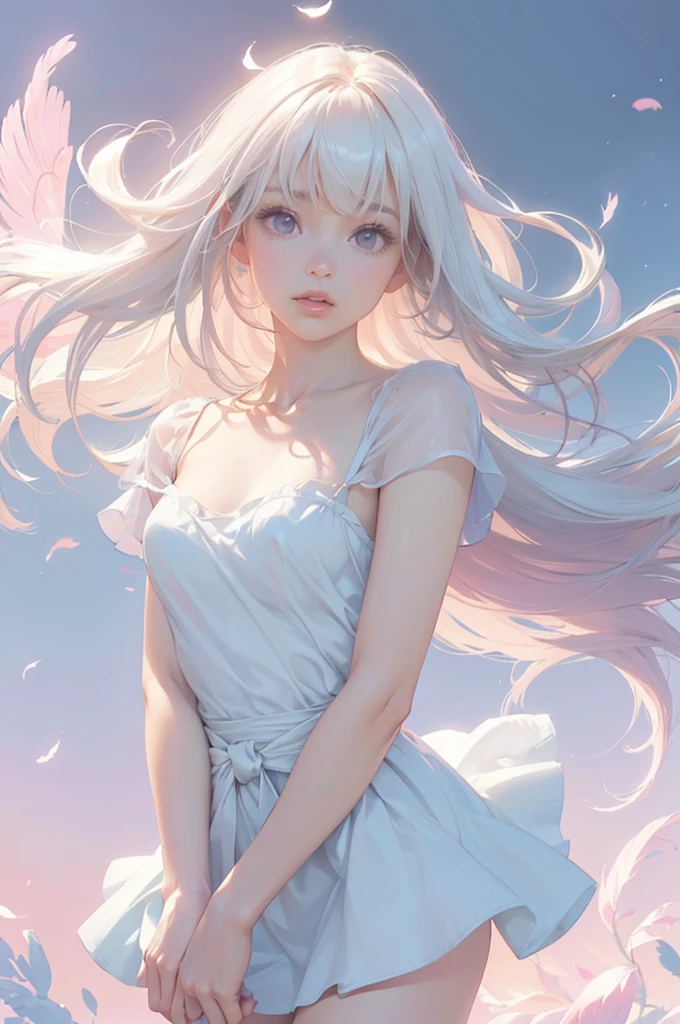 Dreamy pastel painting,　whole body，((One girl))，Realistic，lips，Tabletop，Highest quality，Realistic feel，(((Smooth straight hair　Bangs longer than the waist, beautiful, Flowing white hair)))，beautiful細かい丸い目，Skin Texture，Delicate silk，(Princess Decoration，Baby Pink:1.2)，detailed，Long hem，Prism Rotation，(((Gazing into the distance))), Pink Coat，moving composition，Against a deep background，Feathers in the sky，it was foggy, Bokeh, it was foggy, Dutch Angle, Afterimage, Minimalism，Different world，Movie-like scene, Cinema Lighting，超beautifulポートレート, Abstract background