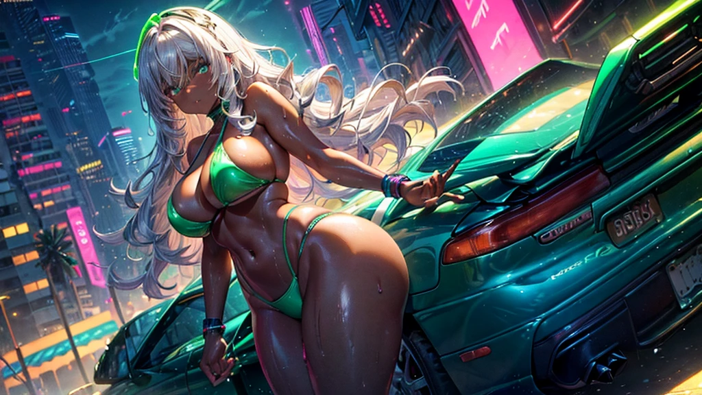 (dark skin), platinum Blonde wavy medium length hair with bangs,   big  thick thighs,　Super big butt,　Wet skin, ((Gorgeous super shiny florescent neon green string bikini)), Cyberpunk-style see through clothing, Race Queen, Posing for the camera in front of a 3000GTVR4