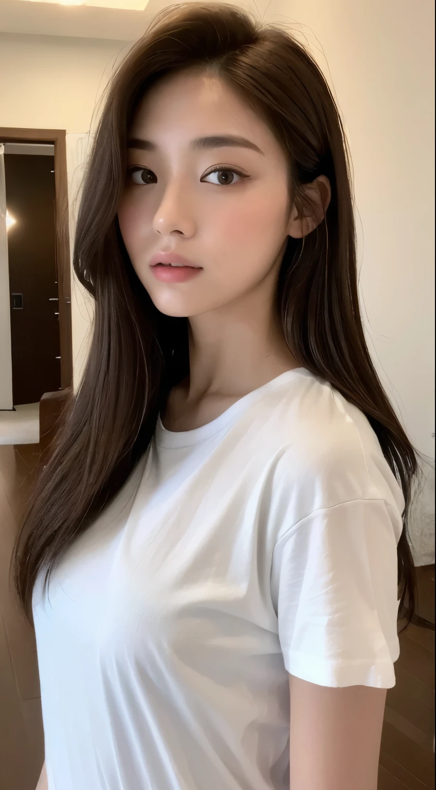 ((Highest quality, 8k, masterpiece :1.3)), whole body, Sharp focus :1.2, Beautiful woman with perfect figure :1.4, room着 :1.2, ((Dark brown hair, Beautiful breasts:1.2)), room :1.1, 18-year-old, Highly detailed face and skin texture, Detailed eyes, double eyelid, Small breasts,  White T-shirt,  Indoor scene,
