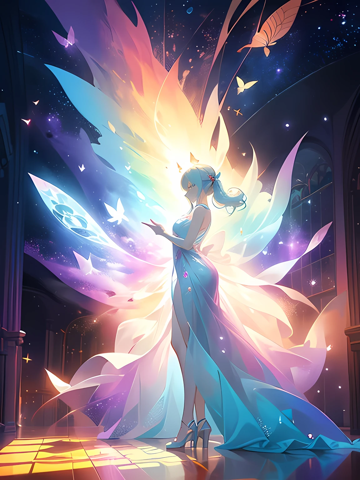 Dreamy ethereal art style, Surreal atmosphere, Vivid highly saturated colors, Captivating lighting, Best quality, butterfly dance, The background is the mysterious world of space, Space Fantasy, Artistic Sense, Diverse and playful geometric shapes, 