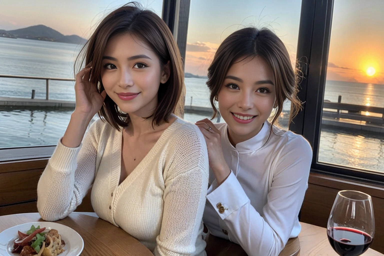 (Realistic:1.1),(masterpiece,Highest quality),8k,(44 years old), 47 years old, slimカップル、Model Couple、actress/actor、Tight waist,Upper Body,full-course dinner、wine 、Amazing view of the sunset sky and clouds、Perfect Anatomy, Brown Hair, short hair,Random Hairstyles,((Highly detailed face and eyes:1.2))(cute顔:1.4),美しいactressの顔,Perfect golden ratio face,Long sleeve shirt、dress,(smile:1.2)、Shortcuts、cute、(Realistic, Intricate details:1.2), A bright smile、short hair,Bright Face、赤wine 、Appetizers、Italian food、wine bottle、Champagne、スパークリングwine、(slimな顔), (The body is slim), (Brown Hair), (Shortcuts), Upper Body, 白wine, slim, wineグラス,