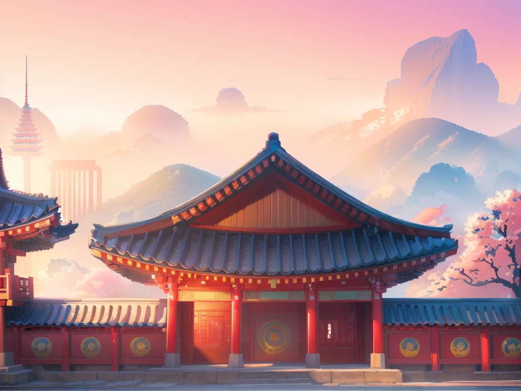 illustration:Traditional Chinese architecture,Pagoda in the background, Temple Background, Palace Background, Traditional Korean city, Korean traditional palace, Depicting the background of the temple, Dojo on the mountain, background technology, High School Background, Town Background, background technologywork, anime background technology, Anime Background, Korean Artist, Downtown Background, Pagoda Figures,Super Fine,Ultra Detail