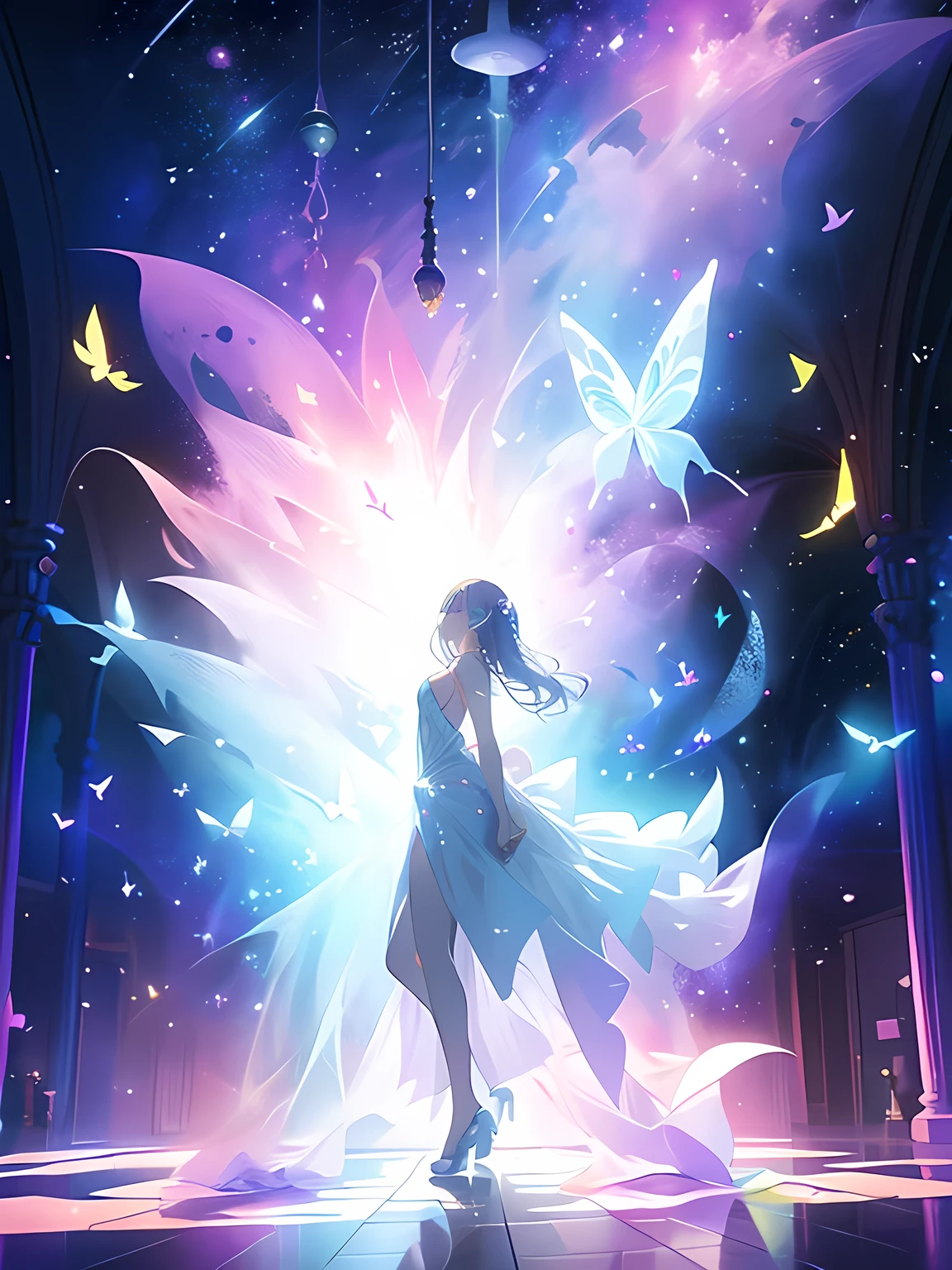 Dreamy ethereal art style, Surreal atmosphere, Vivid highly saturated colors, Captivating lighting, Best quality, butterfly dance, The background is the mysterious world of space, Space Fantasy, Minimalist Geometry, A cute little fairy, 
