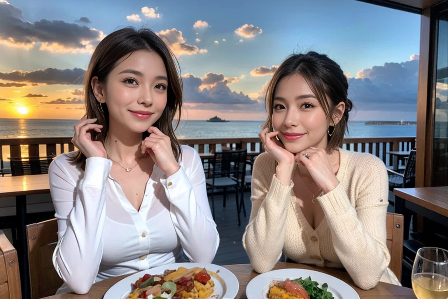 （Realistic:1.1）,(masterpiece,Highest quality)，8k,(44 years old), 47 years old, slimカップル、Model Couple、actress/actor、Tight waist,Upper Body,full-course dinner、wine 、Amazing view of the sunset sky and clouds、Perfect ???????, Brown Hair, short hair,Random Hairstyles,((Highly detailed face and eyes:1.2))(cute顔:1.4)，美しいactressの顔，Perfect golden ratio face，Long sleeve shirt、dress,(smile:1.2)、Shortcuts、cute、(Realistic, Intricate details:1.2), A bright smile、short hair,Bright Face、赤wine 、Appetizers、Italian food、wine bottle、Champagne、スパークリングwine、(slimな顔), (The body is slim), (Brown Hair), (Shortcuts),  Upper Body, 白wine, slim, wineグラス, 