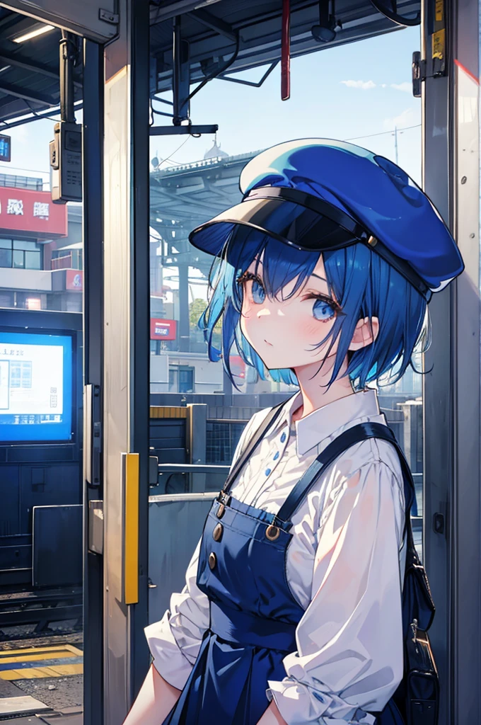 A station attendant girl with short blue hair。Wearing a railroad hat、His face is shining
