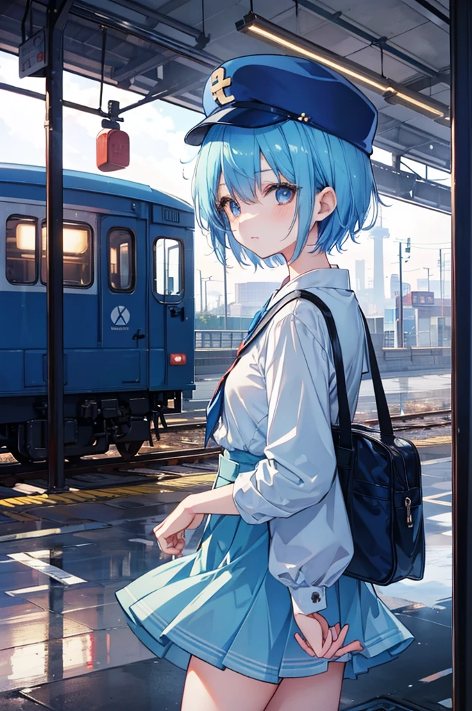 A station attendant girl with short blue hair。Wearing a railroad hat、His face is shining