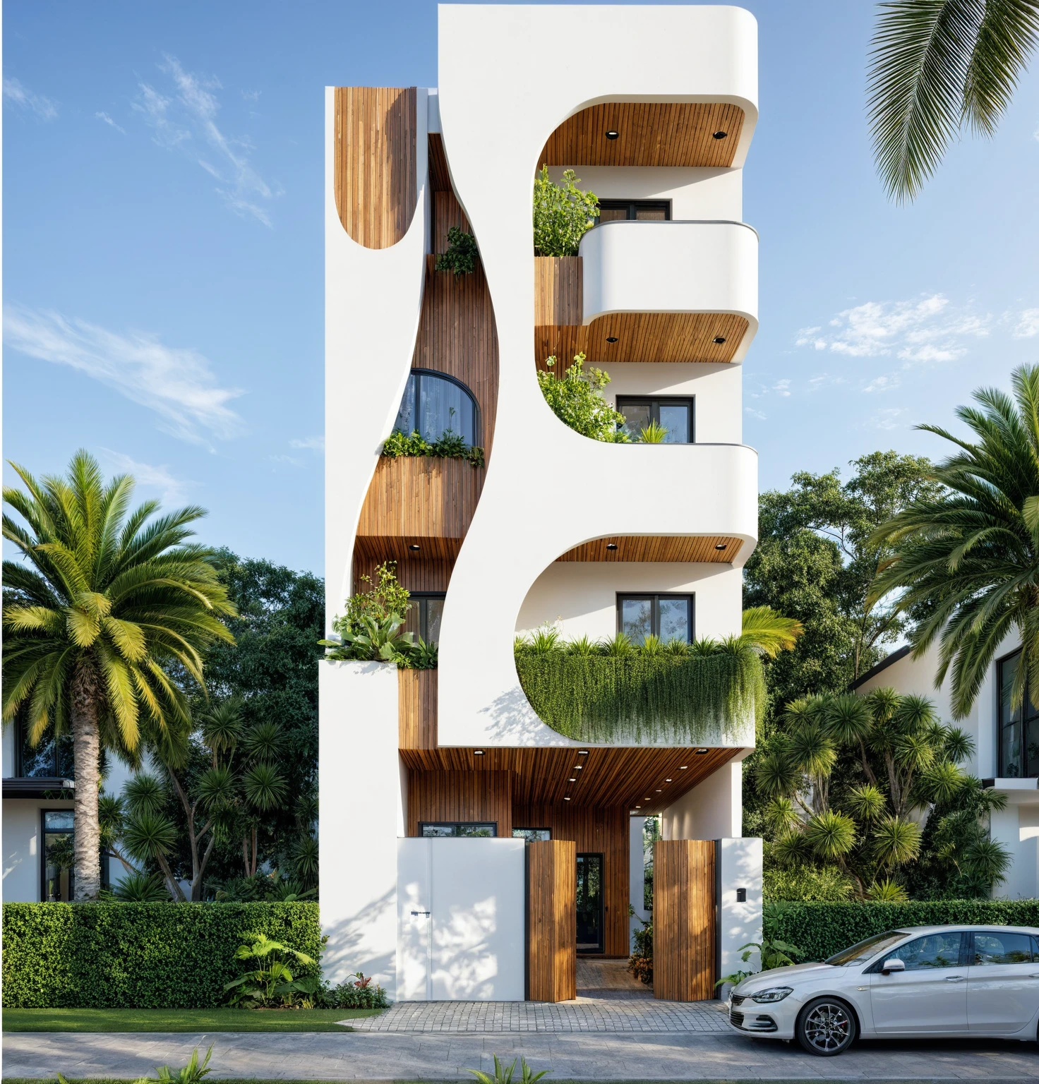 A high and narrow 3-storey house with a modern design, featuring a steel gate and wooden details. The exterior is painted white and the front wall has many curves. The house has windows on all sides, and a (wooden ceiling:1.2). The materials include black steel and wood. The 1st floor has trees growing in the middle columns, surrounded by tropical vegetation. The scene is captured from a 24mm angular view, with soft, natural lighting highlighting the textures and materials, casting gentle shadows that accentuate the curves of the front wall and the wooden details.