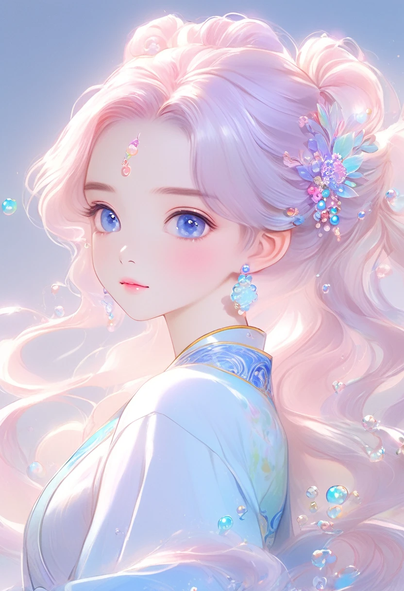 (masterpiece), (best quality), (Very detailed), (Dirty hair), (illustration), (1 girl) (Long pink hair 1.5) (blue eyes) (Twintails 2.0), ((((No shoulder))),Hanfu, (Looking at the audience, (interview), (Simple background), Beautiful and delicate eyes, Delicate and beautiful face, spiked (High Saturation), (Colorful flash), Colorful bubbles, (flash), Facial highlights, PerfectNwsjMajic, Conservative clothing, No shoulder, Autumn clothing, For the masses, Perfect body,