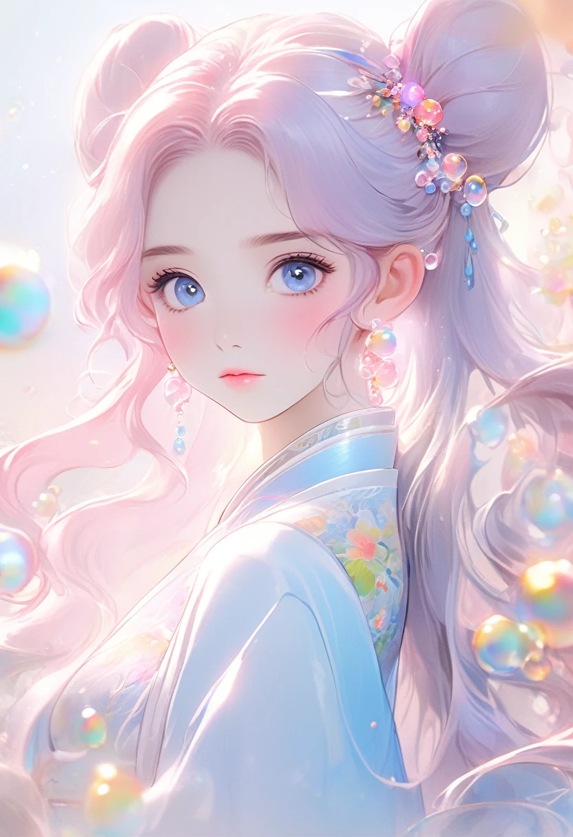 (masterpiece), (best quality), (Very detailed), (Dirty hair), (illustration), (1 girl) (Long pink hair 1.5) (blue eyes) (Twintails 2.0), ((((No shoulder))),Hanfu, (Looking at the audience, (interview), (Simple background), Beautiful and delicate eyes, Delicate and beautiful face, spiked (High Saturation), (Colorful flash), Colorful bubbles, (flash), Facial highlights, PerfectNwsjMajic, Conservative clothing, No shoulder, Autumn clothing, For the masses, Perfect body,