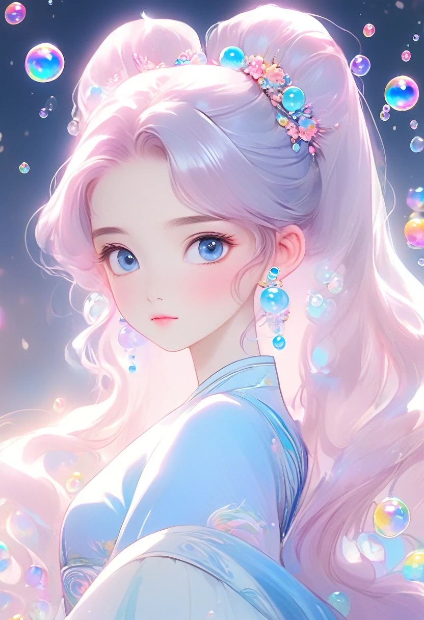 (masterpiece), (best quality), (Very detailed), (Dirty hair), (illustration), (1 girl) (Long pink hair 1.5) (blue eyes) (Twintails 2.0), ((((No shoulder))),Hanfu, (Looking at the audience, (interview), (Simple background), Beautiful and delicate eyes, Delicate and beautiful face, spiked (High Saturation), (Colorful flash), Colorful bubbles, (flash), Facial highlights, PerfectNwsjMajic, Conservative clothing, No shoulder, Autumn clothing, For the masses, Perfect body,