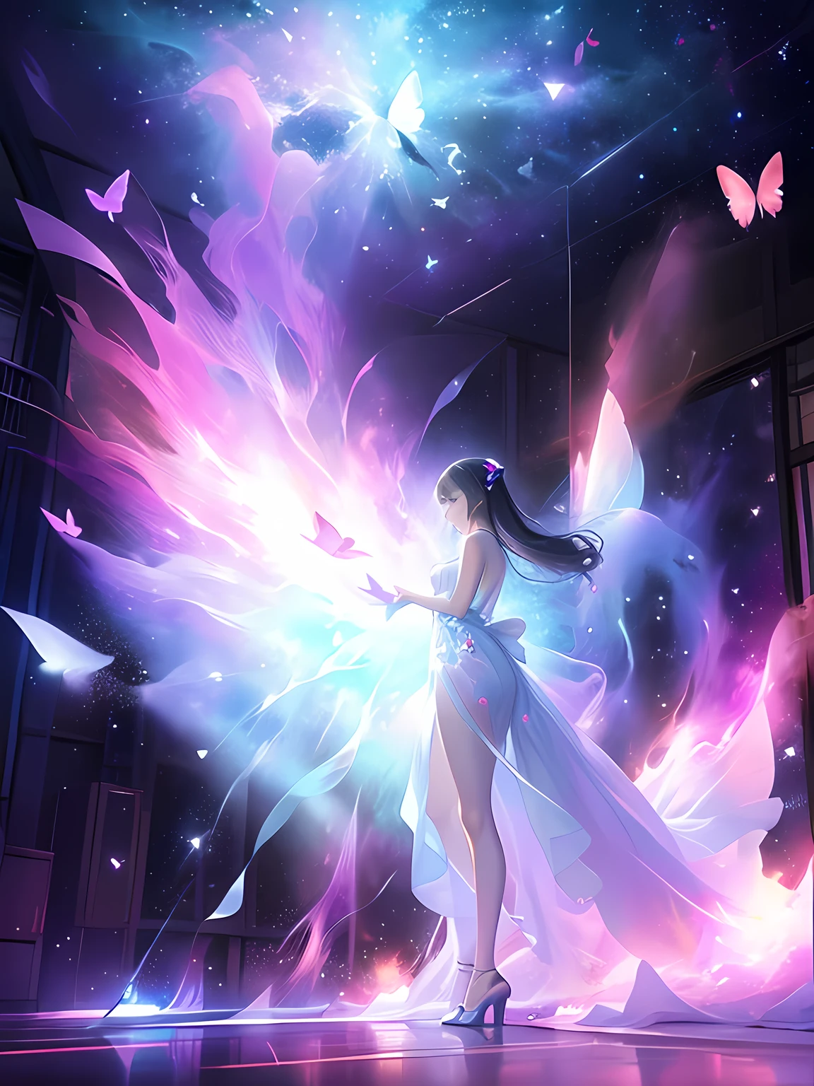 Dreamy ethereal art style, Surreal atmosphere, Vivid highly saturated colors, Captivating lighting, Best quality, Mysterious Space, butterfly dance, The mysterious world of space, The background is the mysterious world of space, Hasselblad H6D-100c photo,