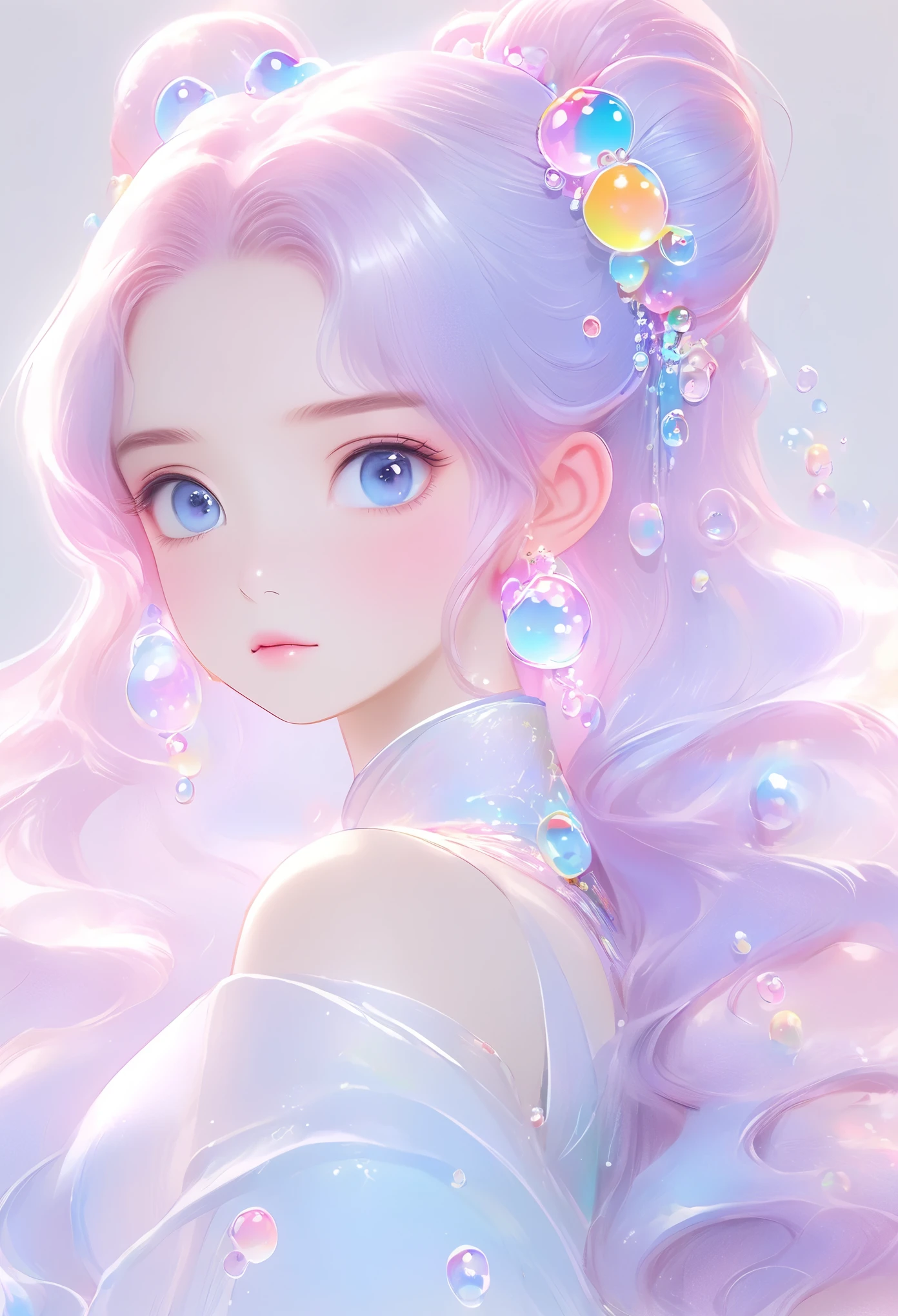 (masterpiece), (best quality), (Very detailed), (Dirty hair), (illustration), (1 girl) (Long pink hair 1.5) (blue eyes) (Twintails 2.0), ((((No shoulder))),Hanfu, (Looking at the audience, (interview), (Simple background), Beautiful and delicate eyes, Delicate and beautiful face, spiked (High Saturation), (Colorful flash), Colorful bubbles, (flash), Facial highlights, PerfectNwsjMajic, Conservative clothing, No shoulder, Autumn clothing, For the masses, Perfect body,