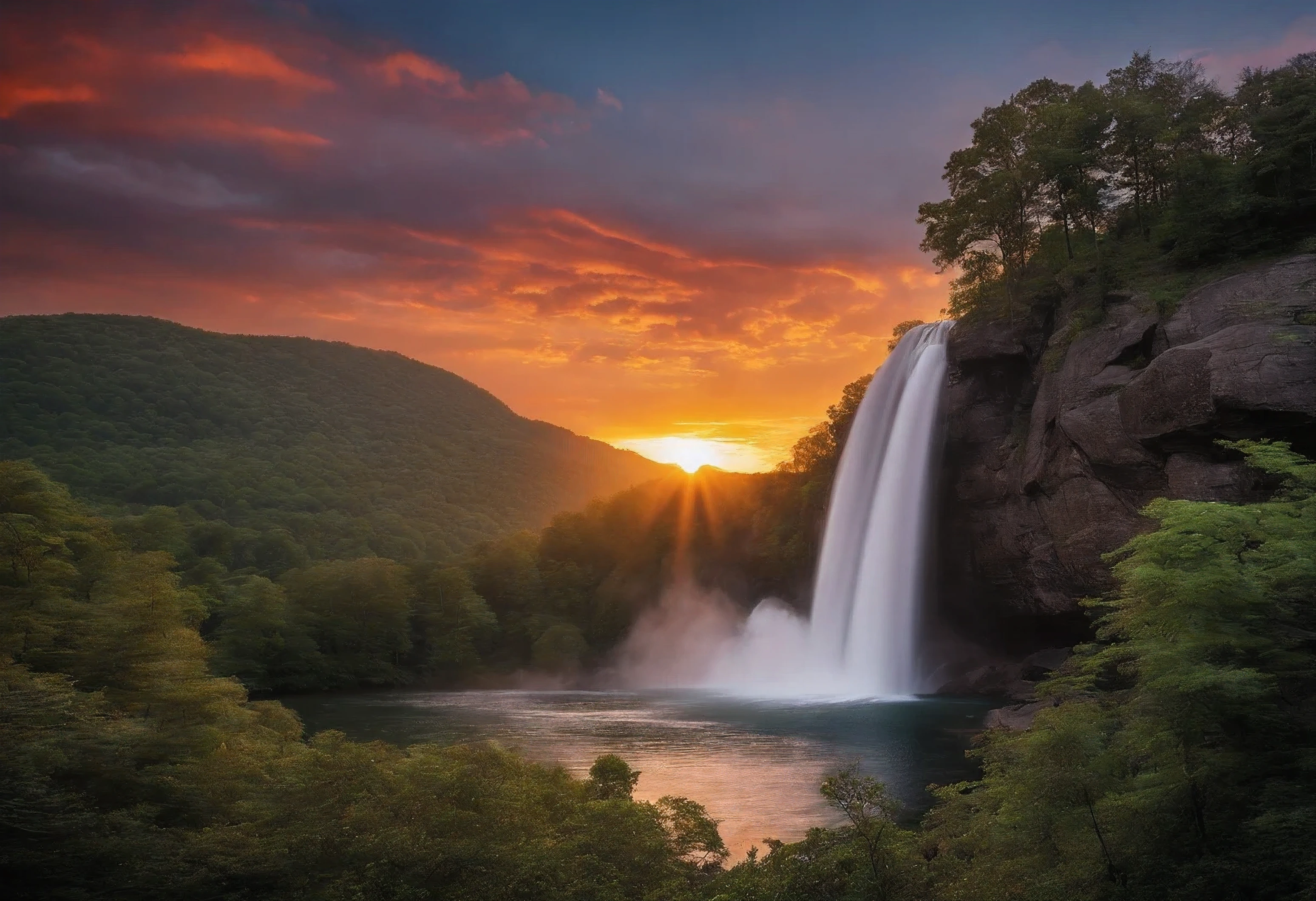 Mountain in tennessee with a buitiful sunset, dinosaurs in a rocky lake and a waterfall
