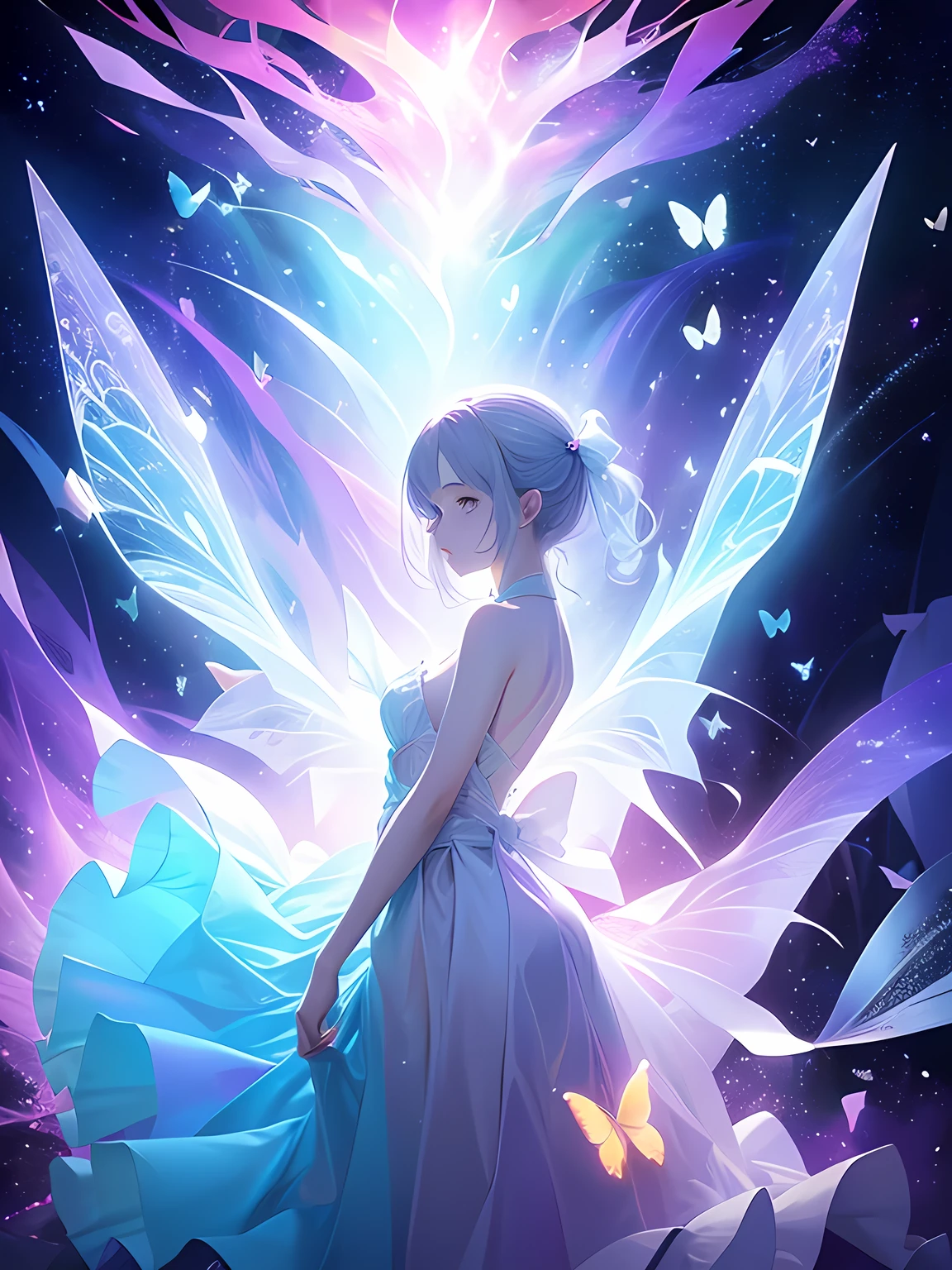 Dreamy ethereal art style, Surreal atmosphere, Vivid highly saturated colors, Captivating lighting, Best quality, butterfly dance, The background is the mysterious world of space, Space Fantasy, Minimalist Geometry, A cute little fairy, 