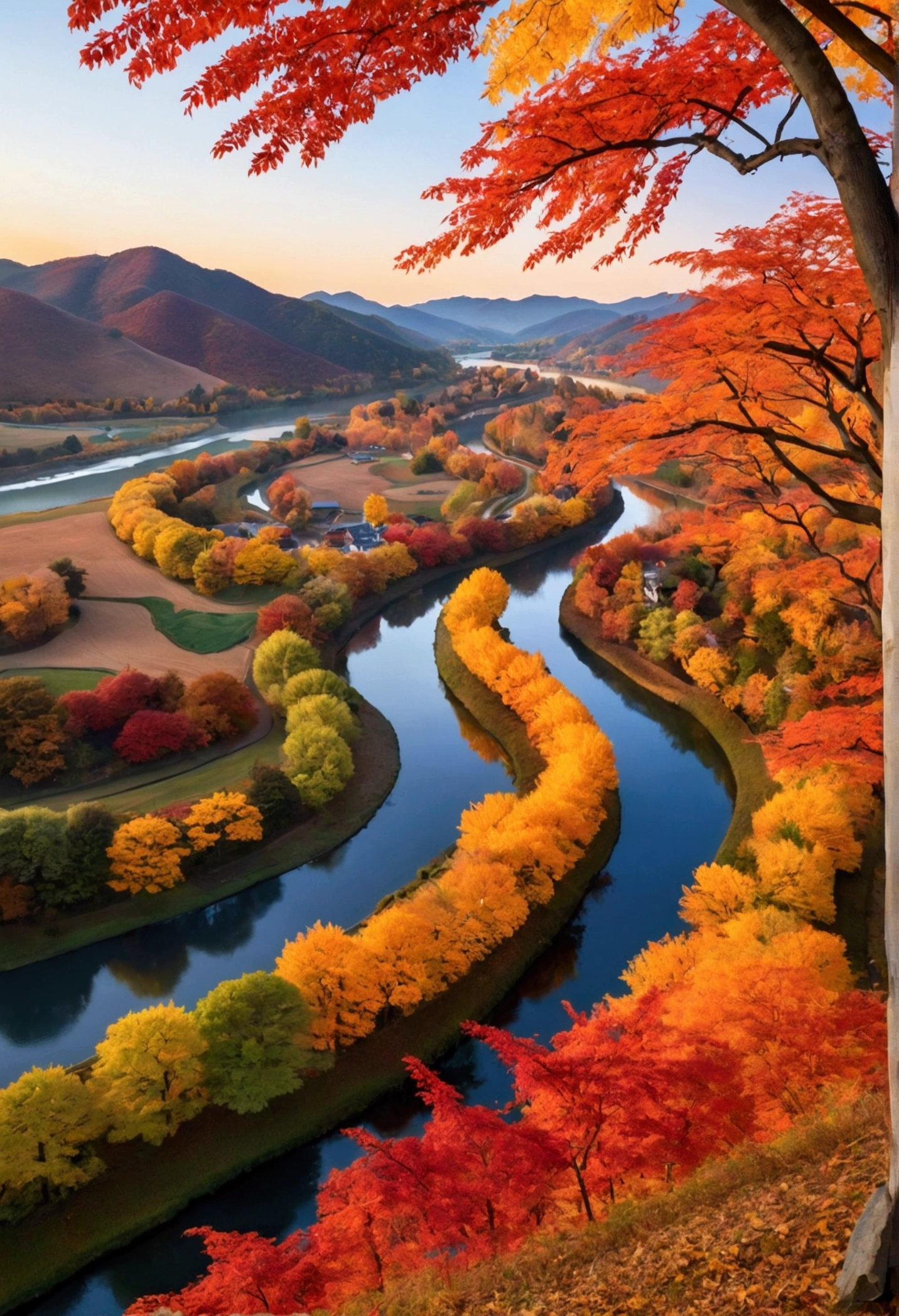 A vivid and colorful depiction of the changing seasons, Focusing on the beauty of autumn. The image should show a rich landscape, Warm colors, red, etc., orange, , When the leaves spin and fall from the tree. The scene has、You should also include elements such as rolling hills., A meandering river, and the towering mountain々, Bathed in the golden light of the setting sun. The overall mood of the image should be、Must be one of tranquility and beauty, Reflecting the natural cycle of life and death that occurs during the autumn season.