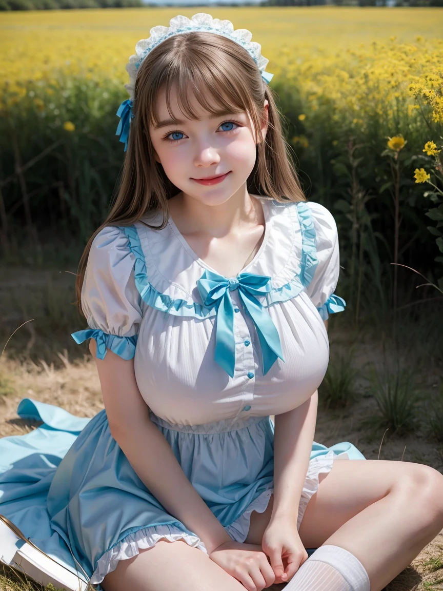 (3 girls), young faceอินโดนีเซีย, smile, white skin, Round breast, blue eyes,((The perfect lolita outfit))Masterpiece, Highest quality, 8ก, beautiful girl, young face、 photography, Cute face, thigh,sitting in the summer meadow,、รอยsmile、((((((12 years))))))、small waist,((Busty))blue eyes(((big breasts:1.1)))