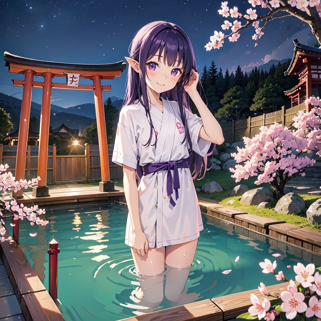 Girl about with long purple hair. Pointy ears. Cute as a cartoon. Soaking in bath, hot spring, Ghibli style, high resolution, happy smile, cute art style, outdoor bath, small torii gate, hot spring, evening, cherry blossom, illustration.