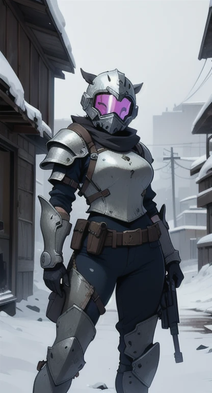 1girll, playgame, Large display, in helmet with facemask and armor, pistol, post apocalypse, snowstorm, SFW, muted colors