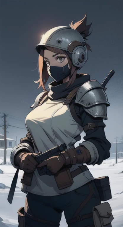 1girll, playgame, Large display, in helmet with facemask and armor, pistol, post apocalypse, snowstorm, SFW, muted colors