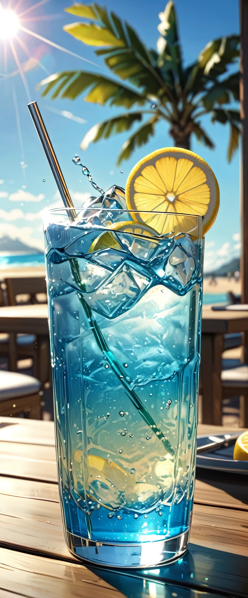 (masterpiece:1.2, Highest quality,Highest quality,Super detailed:1.2),(Very detailed),8k,(Photorealistic),(RAW Photos:1.2),A clear, stylish glass of carbonated water is on the table.,Carbonated bubbles,straw,lemon,Beach under the scorching sun,Beautiful blue sky,Sunlight reflecting off the glass,Cool looking photo