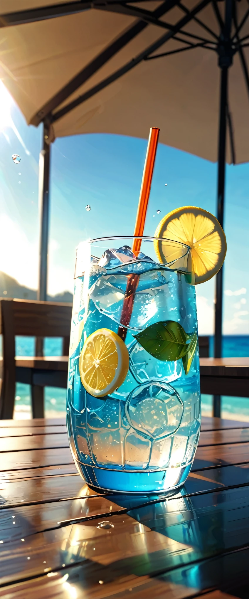 (masterpiece:1.2, Highest quality,Highest quality,Super detailed:1.2),(Very detailed),8k,(Photorealistic),(RAW Photos:1.2),A clear, stylish glass of carbonated water is on the table.,Carbonated bubbles,straw,lemon,Beach under the scorching sun,Beautiful blue sky,Sunlight reflecting off the glass,Cool looking photo