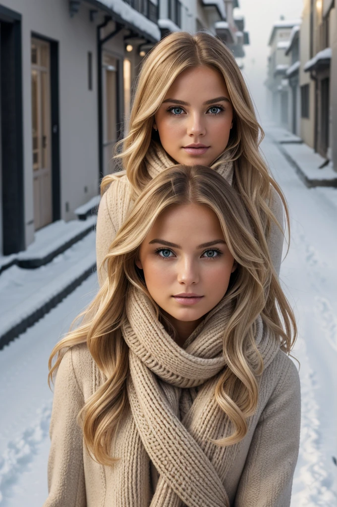 proFessional portrait photograph oF a gorgeous Norwegian girl in winter clothing with long wavy blonde hair, sultry Flirty look, gorgeous symmetrical Face, lindo maquillaje natural, wearing elegant warm winter Fashion clothing, ((parado afuera en una calle nevada de la ciudad)), impresionante entorno urbano moderno, ultra realista, Arte conceptual, elegant, muy detallado, Intrincado, sharp Focus, depth oF Field, F/1. 8, 85mm, tiro medio, plano medio, (((proFessionally color graded))), bright soFt diFFused light, (volumetric Fog), tendencia en instagram, hdr 4k, 8K