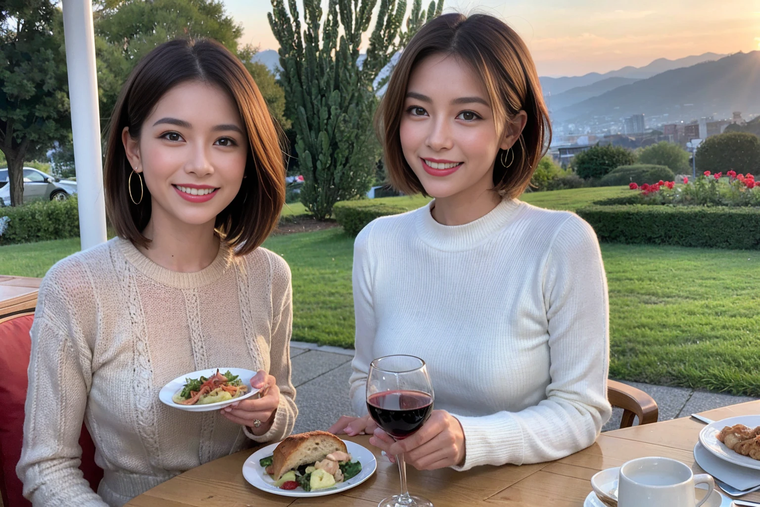 （Realistic:1.1）,(masterpiece,Highest quality)，8k,(44 years old), 47 years old, slimカップル、Model Couple、actress/actor、Tight waist,Upper Body,full-course dinner、wine 、Amazing view of the sunset sky and clouds、Perfect Anatomy, Brown Hair, short hair,Random Hairstyles,((Highly detailed face and eyes:1.2))(cute顔:1.4)，美しいactressの顔，Perfect golden ratio face，Long sleeve shirt、dress,(smile:1.2)、Shortcuts、cute、(Realistic, Intricate details:1.2), A bright smile、short hair,Bright Face、赤wine 、Appetizers、Italian food、wine bottle、Champagne、スパークリングwine、(slimな顔), (The body is slim), (Brown Hair), (Shortcuts),  Upper Body, 白wine, slim, wineグラス, 