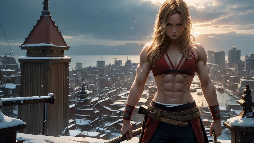 brie larson is a samurai with the perfect feminine bodybuilder physique dressed like samurai, standing atop a building looking out to the sea., showing abs and arms, showing thights, her body is the most alluring one as she looks into the camera, while we see her whole body. at dawn, in winter, Northern Europe, masterpiece detailed face, ultra realistic