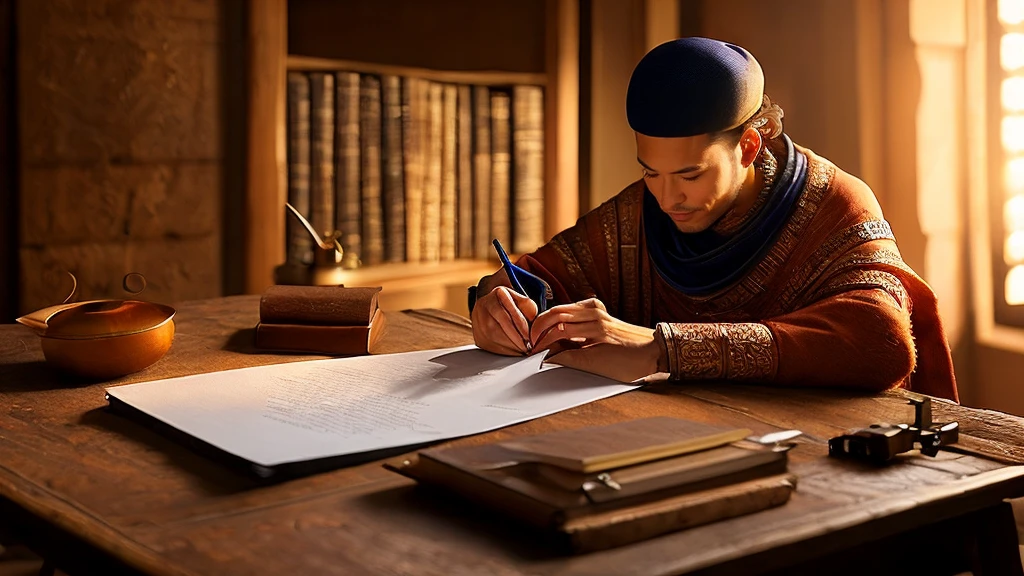 (((Ancient Israel)))、(((1st century)))、(((Man writing a letter)))、8k、Live Shooting、Highest quality、masterpiece:1.5、Ultra-lightweight and high resolution、Photorealistic:1.5、Cinematic Light、Soft Volumetric Lighting:1.5、Real、Photorealistic:1、detailedな皮膚、Professional Lighting、photograph、Sharp Focus、detailed、Professional Lighting、Photon Mapping、detailedで複雑な環境、非常にdetailed、Highest quality、美術的なphotograph、Photorealisticなコンセプトアート、Soft Natural Volumetric Cinematic Perfect Light、Mid Journey、detailedな手、
